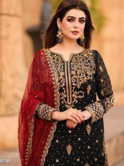 Premium Faux Georgette Party Wear Top & Pant Set with Heavy Sequins Embroidery and Contrast Red Lace Dupatta