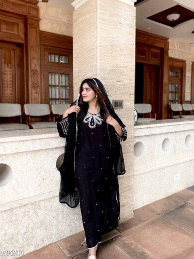 Premium Muslin Cotton Party Wear Top & Pant Set with Sequins Embroidery and Designer Georgette Dupatta - Black