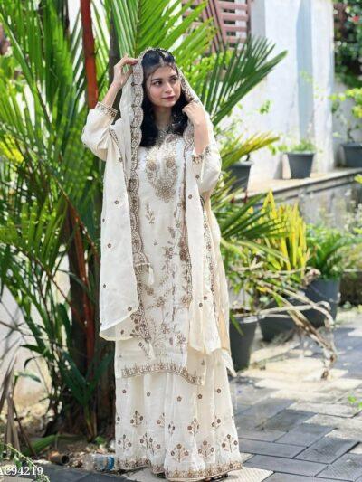 Heavy Chinon Silk Party Wear Gown Set with Real Mirror Work, Matching Pant, and Lace Border Dupatta - Red
