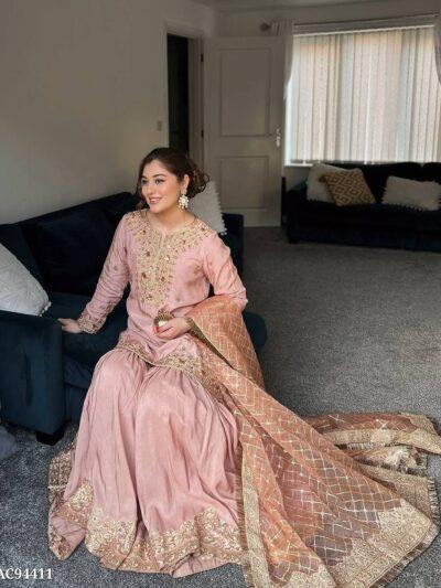 Premium Chinon Silk Party Wear Kurti & Sharara Set with Royal Zari and 5mm Sequins Embroidery - Peach