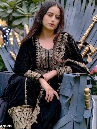 Designer Black Viscose Velvet Party Wear Top, Fully Stitched Bottom & Lace Border Dupatta Set with Heavy Embroidery Sequence Work