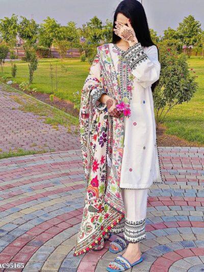 Designer White Muslin Cotton Kurti Set with Embroidered Pant & Heavy Dupatta Option 2: A.B. Collection Women's Muslin Cotton Stitched Kurti Pant Set with Zari Embroidery