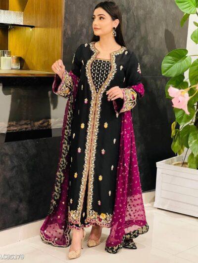 Premium Heavy Velvet Embroidered Top & Plazzo Set with Sequence Work Dupatta