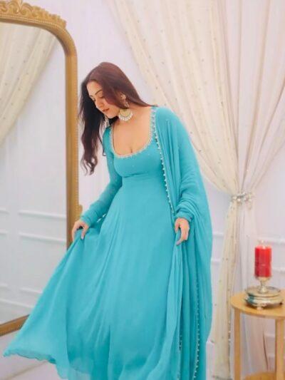 Embroidered Faux Georgette Gown Set with Pant & Dupatta – Elegant Party Wear Cyan Blue