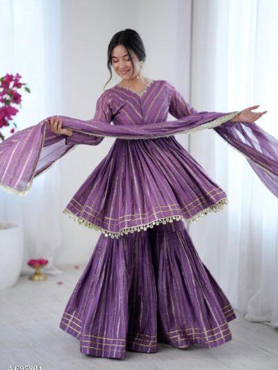 Premium Mal Chanderi Sharara Set – Real Mirror Handwork Kurti with Full Flair Sharara & Dupatta