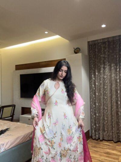 A.B. Collection Luxury Chinon Silk Salwar Suit Set – Heavy Sequin Floral Embroidery with Tabby Organza Printed Dupatta (White & Pink)