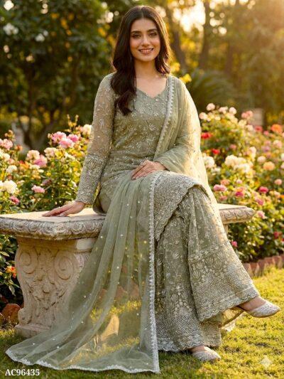 Elegant Embroidered Pure Silk Sharara Set with Full Sleeves & Matching Dupatta – Sage Green
