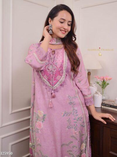 Premium Lilac Muslin Silk Pakistani Suit with Digital Print & Hand Embroidery