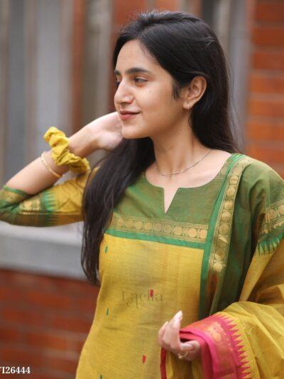 Premium Yellow Kanchi Cotton Suit Set with Jacquard Weaving & South Cultural Zari Work