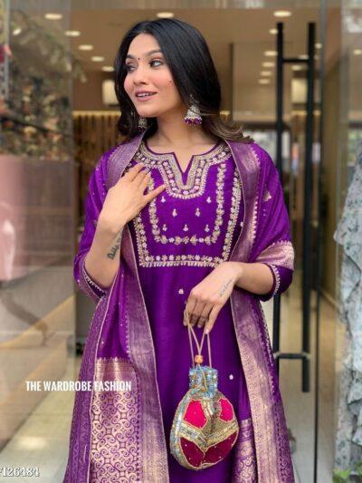 Premium Purple Chanderi Silk Suit Set with Heavy Coding Embroidery & Banarasi Border Dupatta
