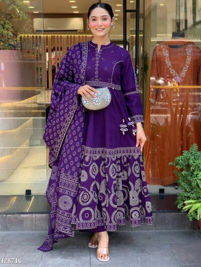 Premium Purple Maslin Silk Anarkali Suit with Bandhani Print & Designer Lace Work