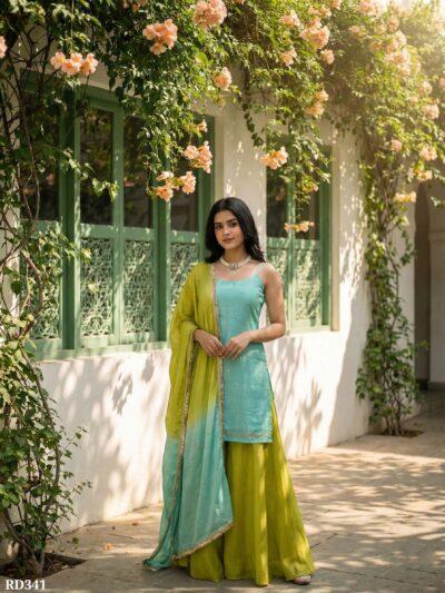 Women Solid Sea Green Kurta with Lime Green Palazzo and Dupatta Set