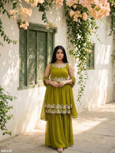 Women’s Solid Sea Green Kurta with Lime Green Palazzo & Dupatta Set – Rajkanika Designer