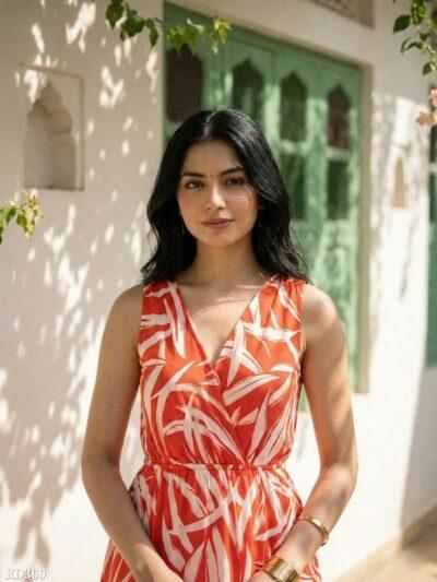 Women Orange and White Tropical Print Tiered Maxi Dress