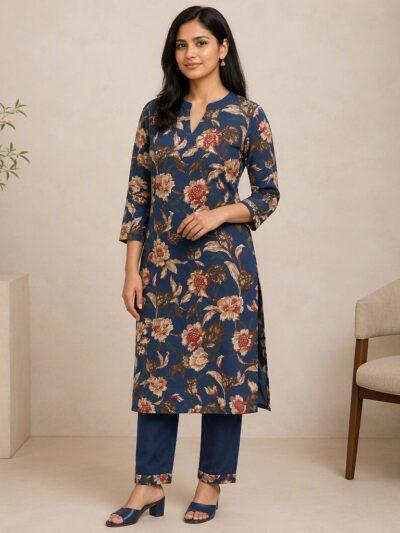 Women's Navy Blue Floral Printed Cotton Blend Straight Kurta Pant Set