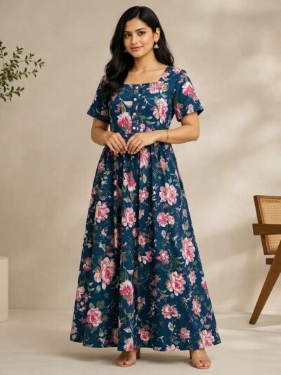 Cotton Full Printed Middi Dress, Square Neck, Button Front